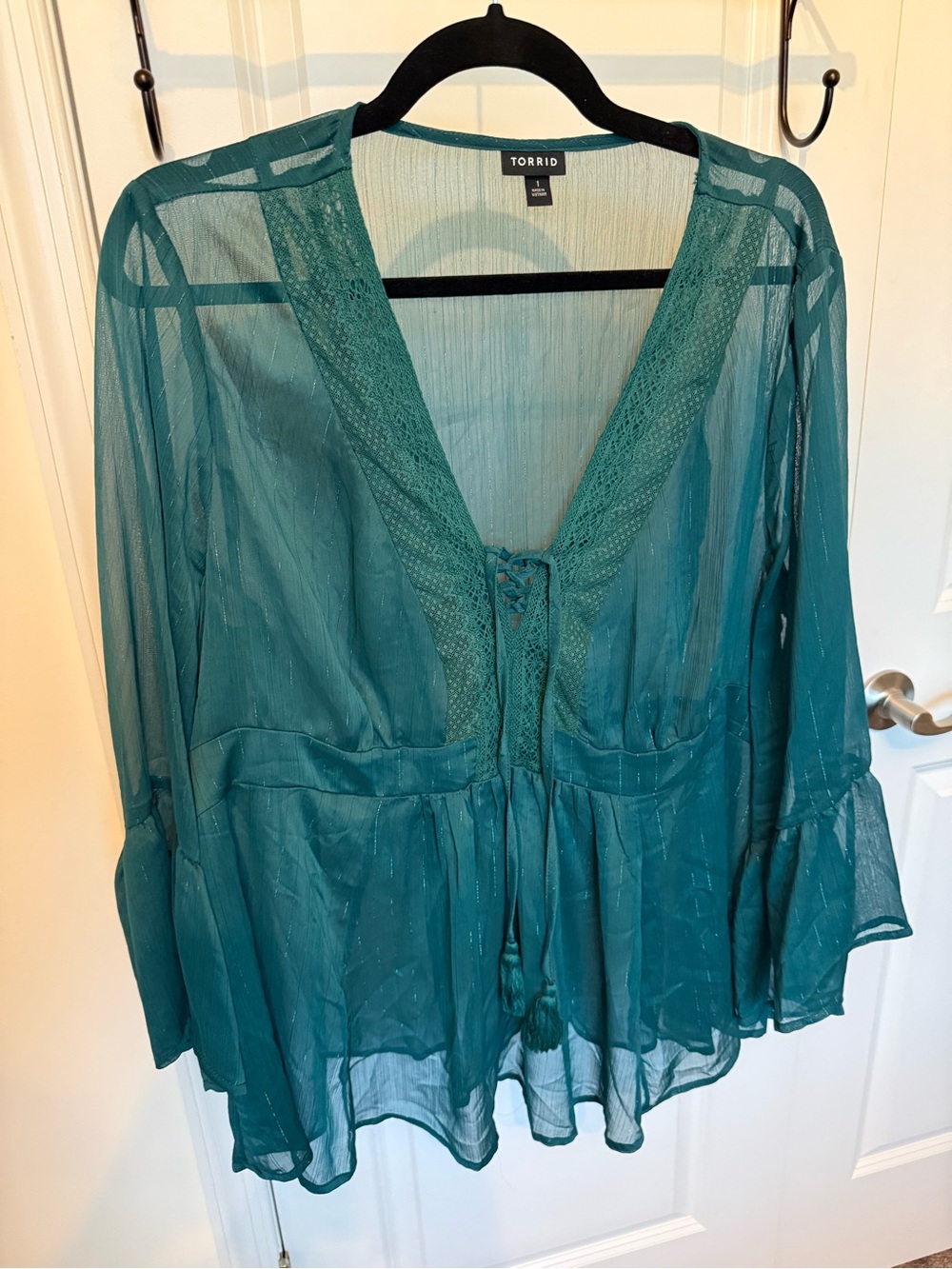 torrid teal lace-up sheer peasant tunic